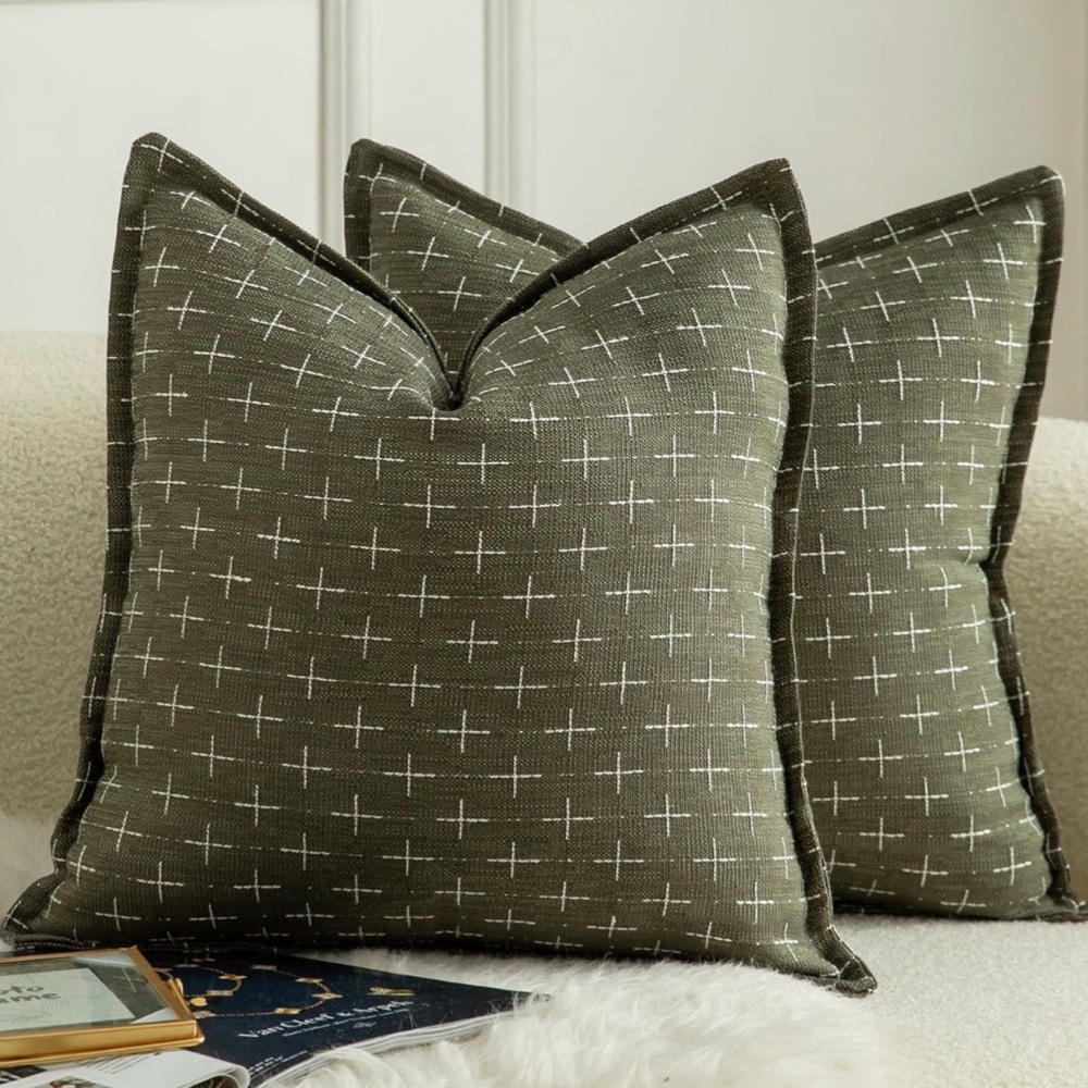 Green Throw Pillow with White Cross Pattern Covers only set of 2 24x24